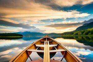 un canoa es flotante en un calma lago a puesta de sol. generado por ai foto