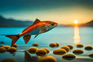 un pescado es saltando fuera de el agua con pelotas. generado por ai foto