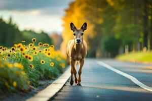 a deer is walking down the road in front of sunflowers. AI-Generated photo