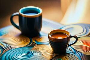 two coffee cups sit on a colorful table. AI-Generated photo