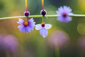 three purple flowers hanging from a wire. AI-Generated photo