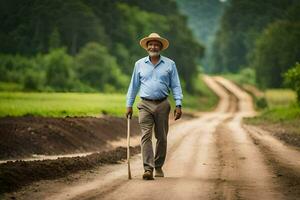 an old man walking down a dirt road. AI-Generated photo