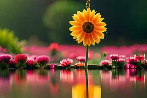 a sunflower is standing in the middle of a pond. AI-Generated photo