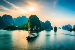 the sun sets over the mountains in halong bay. AI-Generated photo
