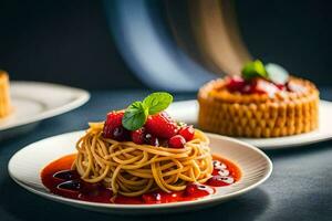 spaghetti with strawberry sauce on a plate. AI-Generated photo
