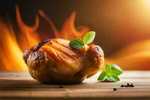 a chicken on a wooden table with a flame in the background. AI-Generated photo