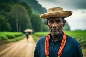 a man wearing a hat and standing on a dirt road. AI-Generated photo