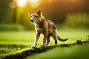 a dingo is walking on a grassy field. AI-Generated photo