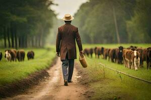 a man in a suit walking down a dirt road with cows. AI-Generated photo