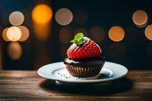 a chocolate cupcake with a strawberry on top. AI-Generated photo