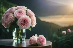 pink roses in a vase on a table. AI-Generated photo