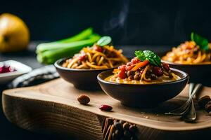 three bowls of pasta with meat and vegetables. AI-Generated photo