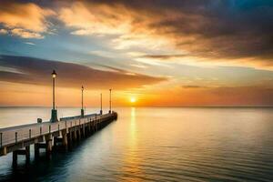 a pier with a sunset over the water. AI-Generated photo