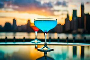 dos lentes de azul cóctel en un mesa con un ciudad horizonte en el antecedentes. generado por ai foto