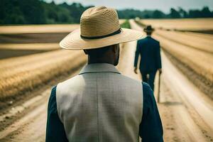 dos hombres en sombreros caminando abajo un suciedad la carretera. generado por ai foto