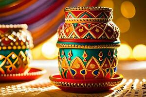 colorful diyas on a table with colorful lights. AI-Generated photo