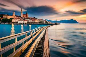 a pier in the water with a church in the background. AI-Generated photo