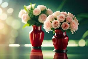 two red vases with pink roses on a table. AI-Generated photo