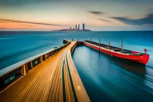 a boat is docked at the end of a pier. AI-Generated photo