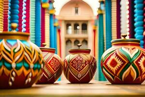 colorful vases are lined up in front of a building. AI-Generated photo