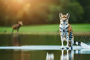 a wild cat standing in the water with a deer in the background. AI-Generated photo