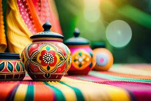 colorful pots on a colorful tablecloth. AI-Generated photo