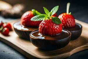 chocolate desserts with strawberries on a wooden tray. AI-Generated photo