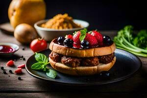 a sandwich with berries and other ingredients on a plate. AI-Generated photo