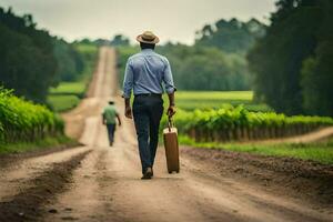 a man walking down a dirt road with a suitcase. AI-Generated photo