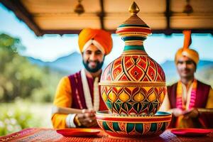 indio Boda ceremonia en el montañas. generado por ai foto