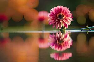 un rosado flor es reflejado en el agua. generado por ai foto