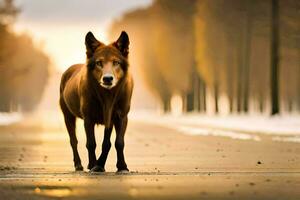 un marrón perro caminando en un la carretera a puesta de sol. generado por ai foto