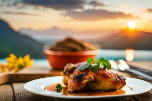 chicken with sauce on a plate with a view of the sunset. AI-Generated photo