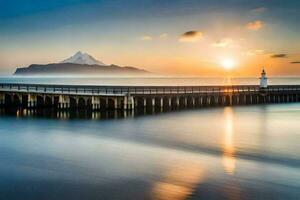 the sun rises over a pier and a mountain. AI-Generated photo