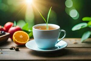 a cup of tea with an orange and a cup of coffee with a slice of apple. AI-Generated photo