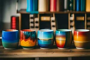 five colorful cups lined up on a table. AI-Generated photo