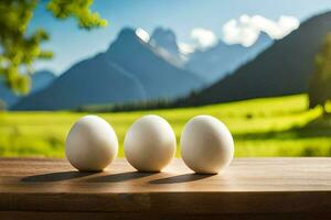 three eggs on a table in front of mountains. AI-Generated photo