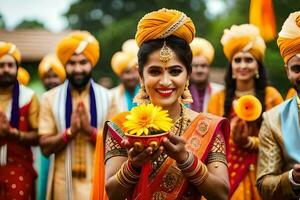 indio Boda ceremonia en India. generado por ai foto
