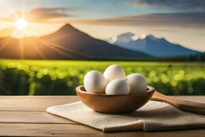 eggs in a bowl on a table with mountains in the background. AI-Generated photo