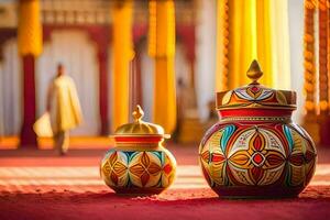 two colorful pots sitting on a red carpet. AI-Generated photo