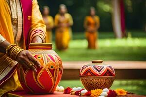 a woman in a traditional indian dress is holding a pot. AI-Generated photo