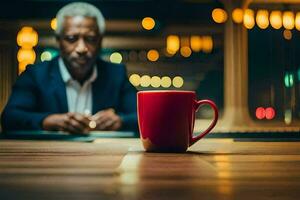 an older man sitting at a table with a red coffee cup. AI-Generated photo