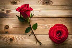 two red roses on a wooden table. AI-Generated photo
