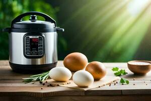 an instant pot on a table with eggs and spices. AI-Generated photo