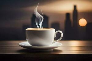 a cup of coffee on a table with city in the background. AI-Generated photo