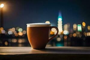 un café taza en un mesa en frente de un paisaje urbano a noche. generado por ai foto