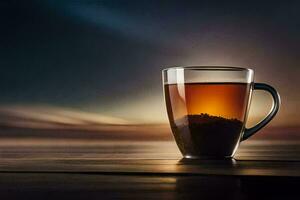 a glass cup of tea on a table with a sunset in the background. AI-Generated photo
