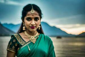 un hermosa indio mujer en un verde sari. generado por ai foto