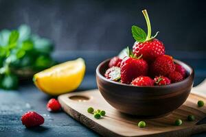 Fresco fresas en un cuenco con limón rebanadas y menta hojas. generado por ai foto