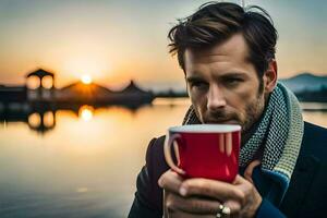 a man holding a red cup in front of the sunset. AI-Generated photo